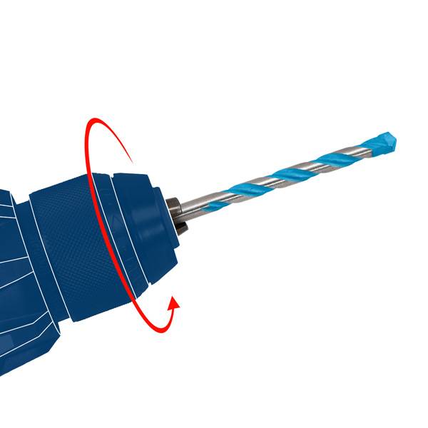 Ein blauer Elektroschrauber mit einem angebrachten Spiralbohrer wird mit einem roten Pfeil gezeigt, der die Rotationsrichtung angibt.