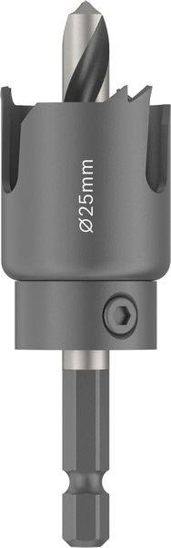 Ein Metalllochsäge-Bohrer mit der Kennzeichnung '⌀25mm', mit einer zentralen Bohrmesser und gezackter Außenkante, verwendet zum Schneiden von kreisrunden Löchern.
