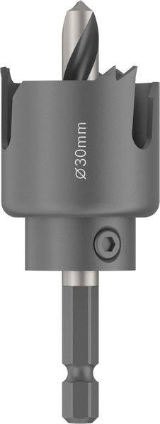 Ein Metallringbohrer mit 30mm Durchmesser, ausgestattet mit einer zentralen Bohrspitze und gezahnten Kanten, konzipiert zum Schneiden von kreisförmigen Bohrungen in verschiedenen Materialien.