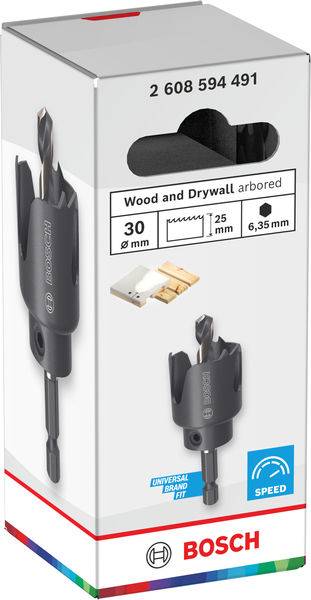 Bosch Holz- und Trockenbau-Schachtelbohrer, 30mm Durchmesser, 25mm Tiefe, 6,35mm Schaft; die Verpackung zeigt den Bohrer und seine Schneidanwendung.
