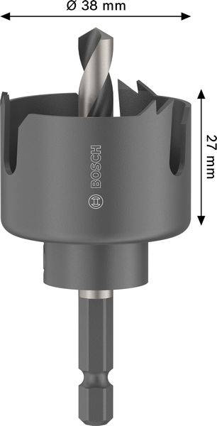 Bosch-Metallbohrer zum Schneiden, 38 mm Durchmesser, 27 mm Länge, mit zentralem Spiralbohrer, konzipiert für präzises Bohren.