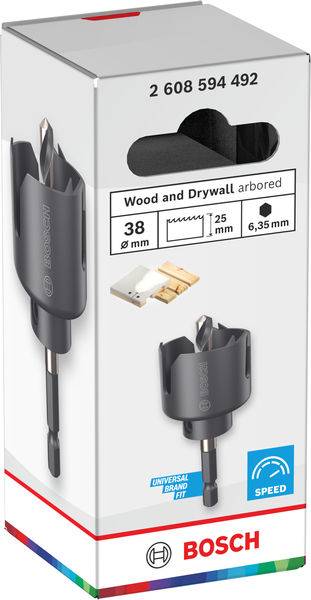 Bosch 38-mm-Lochsäge für Holz und Trockenbau mit Geschwindigkeitsanzeige auf der Verpackung. Universalschaft passt auf Standard-Bohrmaschinen. Teilenummer: 2 608 594 492.