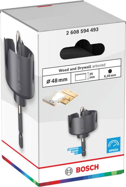 Kasten mit einer Bosch Holz- und Gipskartonlochsäge, 48 mm Durchmesser, kompatibel mit Sechskantschaft, mit den Merkmalen „SPEED