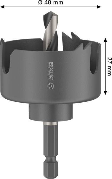 Lochsäge mit Bohrer; hervorgehoben: 'Ø 48 mm' Durchmesser, '27 mm' Tiefe, Marke Bosch. Konzipiert zum Bohren großer, präziser Löcher.