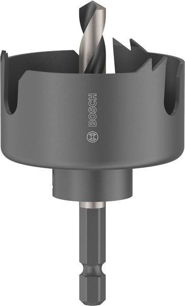 Ein grauer Bosch-Lochsägenbohrer mit einer spiralförmigen Schnecke in der Mitte, entwickelt zum Bohren von Löchern in Materialien wie Holz oder Metall.