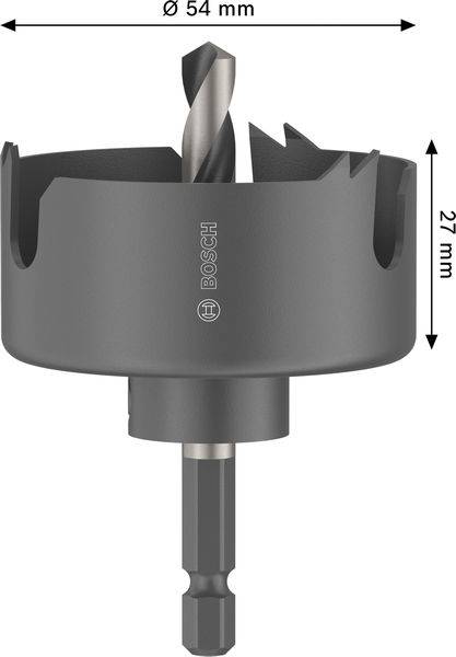 Lochsäge Bohraufsatz von Bosch, Abmessungen: Durchmesser 54 mm und Tiefe 27 mm, konzipiert zum Schneiden großer Löcher.