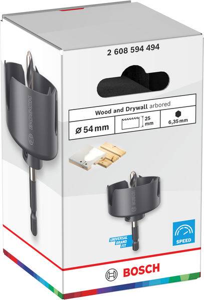 Karton einer Bosch-Lochsäge für Holz und Trockenbau, 54 mm Durchmesser, mit einem Bild des Werkzeugs und auf der Verpackung angegebenen Spezifikationen.