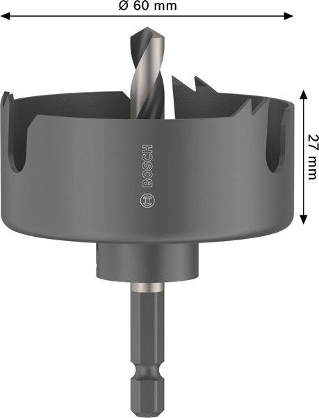 Eine schwarze Bosch-Lochsäge mit einem Durchmesser von 60 mm und einer Schnitttiefe von 27 mm, ausgestattet mit einem zentralen Bohrer, verwendet zum Schneiden großer Löcher in Materialien.