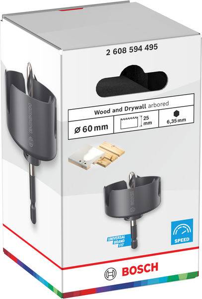 Kasten mit einem Bosch Holz- und Gipskartonlochsägen-Set mit 60mm Durchmesser. Enthält einen Bohrer, einen Zentrierbohrer und verfügt über eine Schnellwechselfunktion.