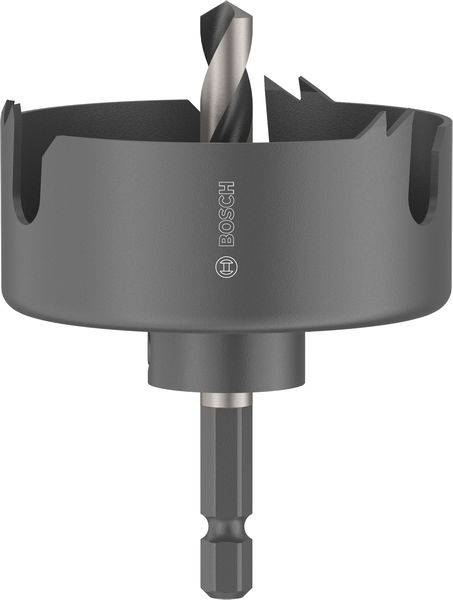 Eine Lochsäge mit einer zentralen Bohrbitbefestigung. Das Werkzeug wird zum Erstellen großer kreisförmiger Löcher in Materialien verwendet.