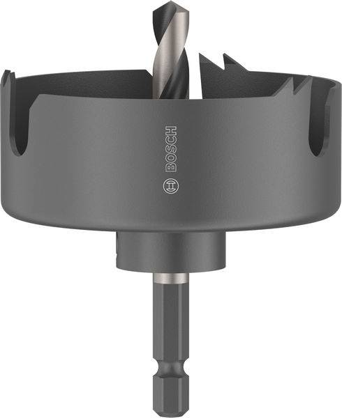 Ein graubehandelter Lochsäge-Bohrer mit zylindrischer Klinge und Bosch-Branding.