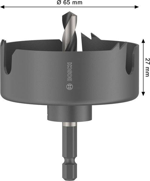 Eine 65-mm-Lochsäge von Bosch mit einem Bohrer in der Mitte, 27 mm tief.