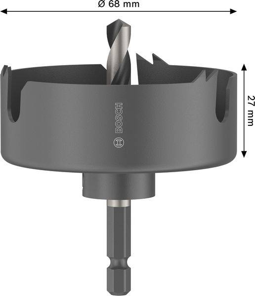 Ein schwarzer Bosch-Lochsägen-Bohrer, 68 mm im Durchmesser und 27 mm tief, ist mit seinem zentralen Bohrer und seiner Befestigungsbasis dargestellt.