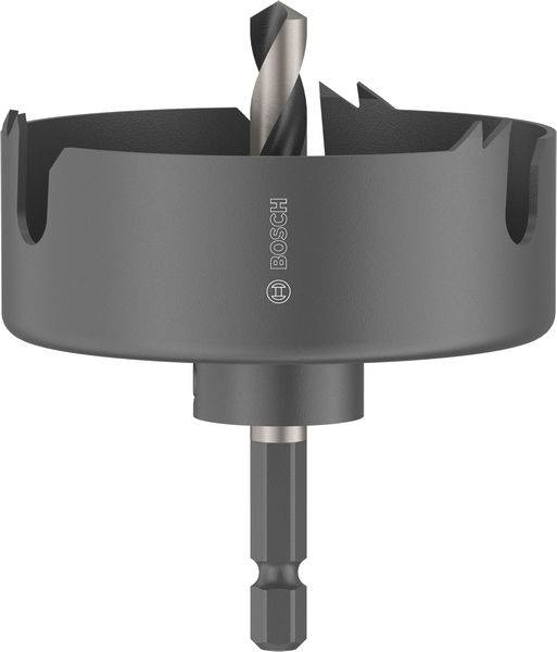Eine kreisförmige Lochsäge mit einem zentralen Bohrer, entworfen zum Schneiden großer Löcher in Holz oder Metall, mit Bosch-Branding.