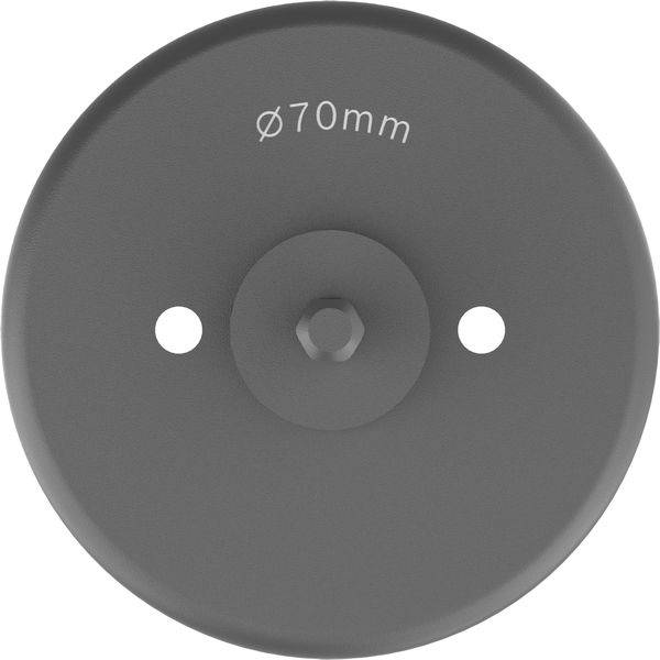 Runde Metallscheibe, 70 mm Durchmesser, mit zwei Löchern und einem zentralen erhobenen Schraubenbereich, möglicherweise eine Montageklammer für Hardware.