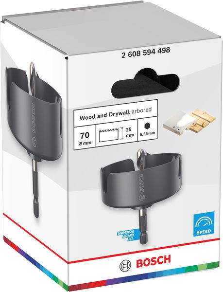 Eine Schachtel zeigt eine Bosch-Lochsäge für Holz und Trockenbau, Größe 70mm, mit Abbildungen eines Sägeblatts und eines Bohrers. Modellnummer 2 608 594 498.