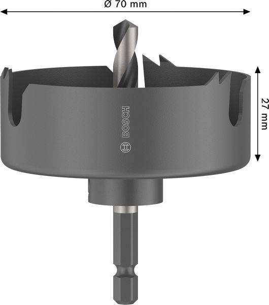 Bosch-Lochsäge mit einem Durchmesser von 70 mm und einer Tiefe von 27 mm, konzipiert zum Bohren von großen Löchern in Materialien.