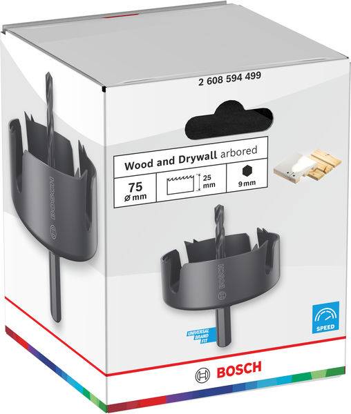 Schachtel einer Bosch 75-mm-Lochsäge mit Schaft für Holz und Trockenbau, mit Werkzeugabbildung, Größe und Produktdetails auf der Vorderseite.