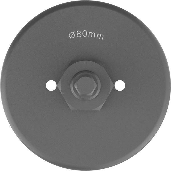 Eine runde, graue Metallscheibe mit einem zentralen sechskantigen Bolzen und zwei Löchern auf beiden Seiten, oben am Rand mit „Ø80mm
