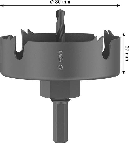 Bohraufsatz mit einem Durchmesser von 80 mm und einer Höhe von 27 mm, mit scharfen Zähnen zum Schneiden ausgestattet.