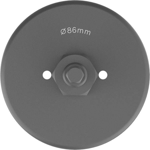 Eine graue kreisförmige Metallscheibe mit eingraviertem Text „Ø86mm