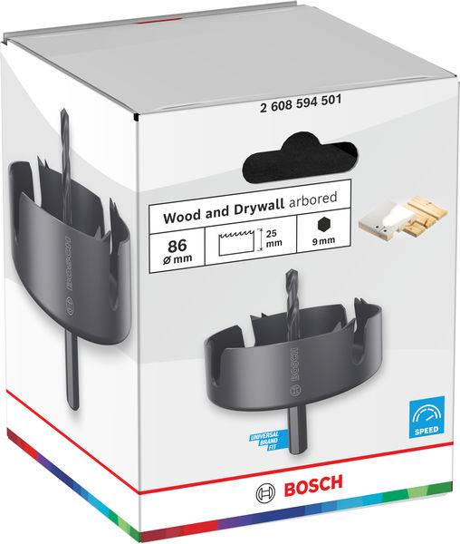 Bosch 86-mm-Lochsäge für Holz und Gipskarton, Dorn inbegriffen. Mit Zentrierbohrer und SpeedX-Design. In einer Markenkarton verpackt.
