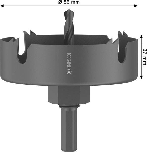 Lochsäge mit einem Durchmesser von 86 mm und einer Höhe von 27 mm, ausgestattet mit einem zentralen Bohrer und einem Etikett mit dem Bosch-Logo.