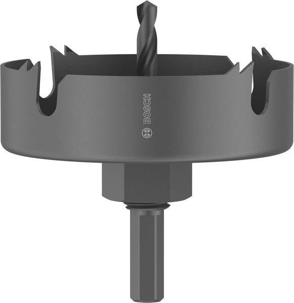 Eine grüne Metalllochs­äge mit einem zentralen Bohrer, der zum Schneiden großer, runder Löcher in dünnen Materialien verwendet wird. Der Markenname „BOSCH