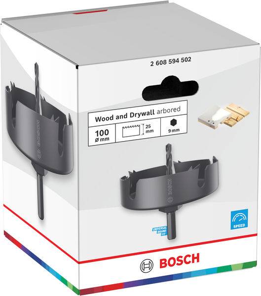 Ein Bosch-Lochsägen-Set für Holz und Gipskarton, 100 mm Durchmesser, 25 mm Tiefe, 9 mm Aufnahme. Abbildung des Werkzeugs und Branding auf der Verpackung.