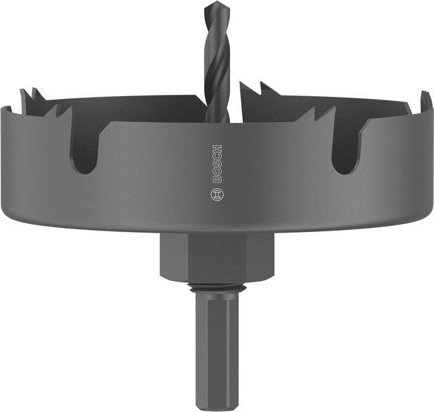 Ein Kreissägeaufsatz mit gezähntem Rand und einem zentralen Führungsbohrer, entwickelt zum Herstellen von sauberen, großen Löchern in Materialien.