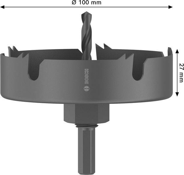 Lochsäge mit 100 mm Durchmesser und 27 mm Tiefe, entwickelt zum Schneiden von kreisrunden Löchern, ausgestattet mit einem zentralen Spiralbohrer zur Führung.