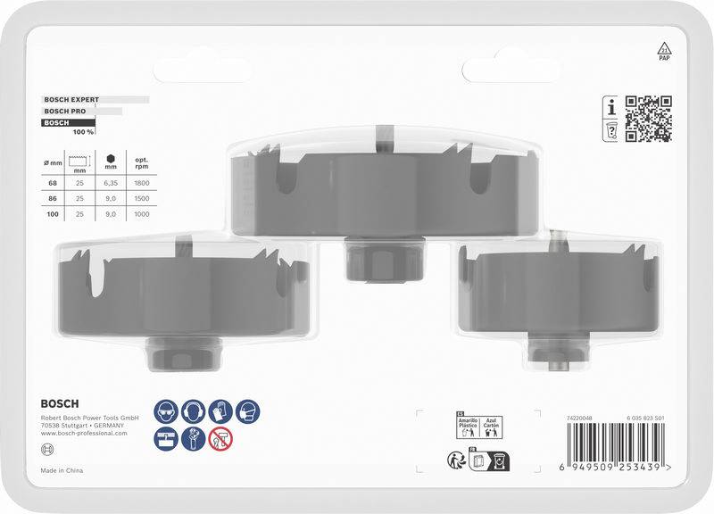 Packung mit drei Bosch-Lochsägen in verschiedenen Größen. Das Etikett zeigt Spezifikationen und empfohlene Anwendungen zum Bohren in Holz und Metall.