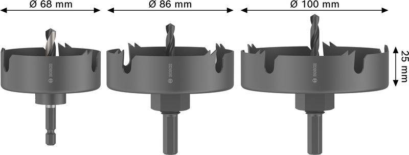 Drei Lochsägen in aufsteigenden Größen: 68mm, 86mm, 100mm Durchmesser, 45mm Tiefe.