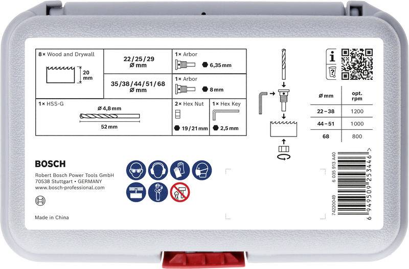Ein Koffer mit einem Bosch-Lochsägen-Set. Das Etikett auf dem Deckel listet die enthaltenen Teile auf: Sägen für Holz und Gipskarton, verschiedene Dorne und einen Zentrierbohrer.