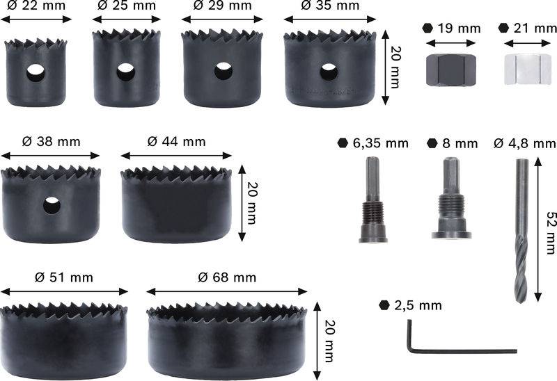 Sortiment von Lochsägen und Zubehör mit Sägen in verschiedenen Durchmessern: 22, 25, 29, 35, 38, 44, 51, 68 mm. Enthält Bohrer und Innensechskantschlüssel.