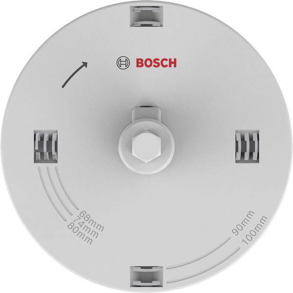 Eine runde Bosch-Werkzeugaufsatz mit verstellbaren Einstellungen gekennzeichnet bei 98mm, 92mm, 80mm und Markierungen bei 90mm und 100mm.