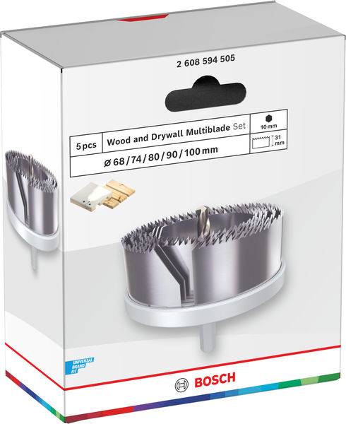 Bosch 5-teiliges Holz- und Trockenbau-Multiblade-Set mit Durchmessern von 68, 74, 80, 90 und 100 mm, dargestellt in der Verpackung mit Produktbildern.