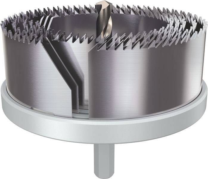 Eine Metalllochs äge mit scharfen, gezahnten Klingen und einem zentralen Bohrer, die zum Schneiden von kreisförmigen Löchern in verschiedenen Materialien entwickelt wurde.