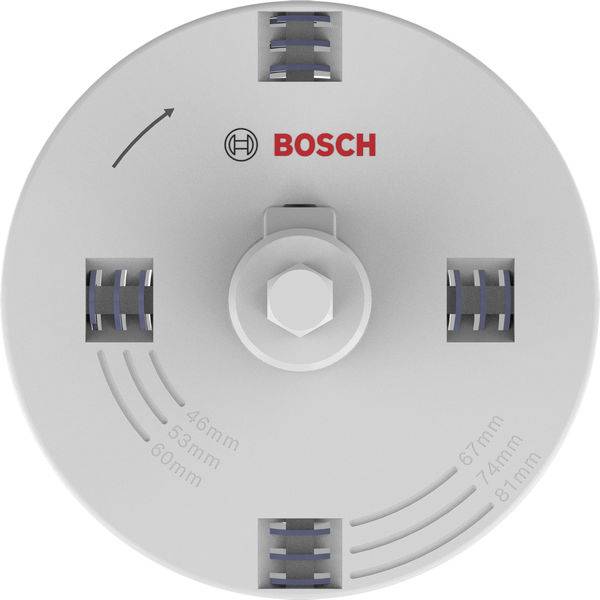 Eine kreisförmige Bosch-Werkzeuganbringung mit verstellbaren Einstellungen für verschiedene Millimetergrößen, die von 46 mm bis 81 mm reichen, wird gezeigt.