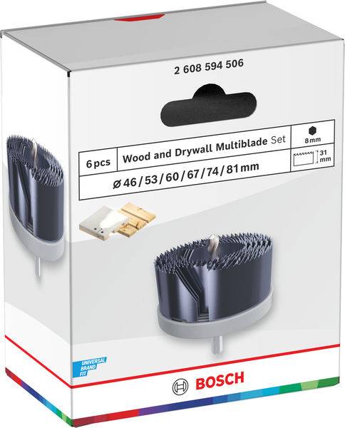 Satz mit Bosch Holz- und Trockenbau-Multiklingen, 6 Teile, mit Durchmessern von 46-81 mm. Entwickelt zum Schneiden von Holz und Trockenbau.