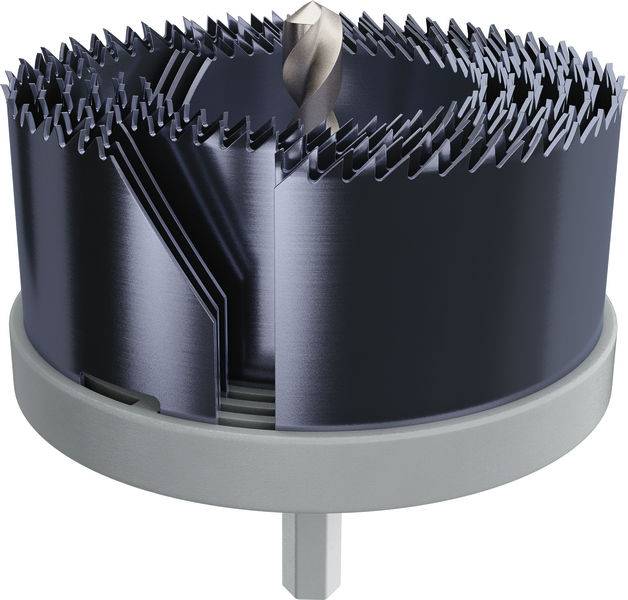 Ein Satz gestapelter Kreissägeblätter mit gezackten Kanten, montiert auf einer grauen Basis mit einem zentralen Bohrer zum Schneiden von Löchern in Materialien.