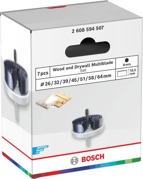 Ein 7-teiliger Bosch Holz- und Trockenbau-Multiblade-Satz in Verpackung. Enthält mehrere Größen von 26 mm bis 64 mm. Geeignet für 8-mm-Bohrer.