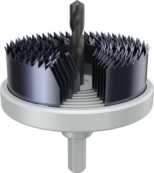 Ein Mehrblatt-Lochsägeaufsatz, der an einen Bohrer angebracht ist und zum Schneiden präziser kreisförmiger Löcher in Materialien verwendet wird.