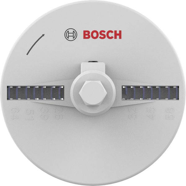 Ein rundes Bosch-Werkzeugteil, wahrscheinlich ein Blatt oder eine Scheibe, mit Messskalen von 32 bis 61 Grad und einem Pfeil, der die Rotationsrichtung anzeigt.