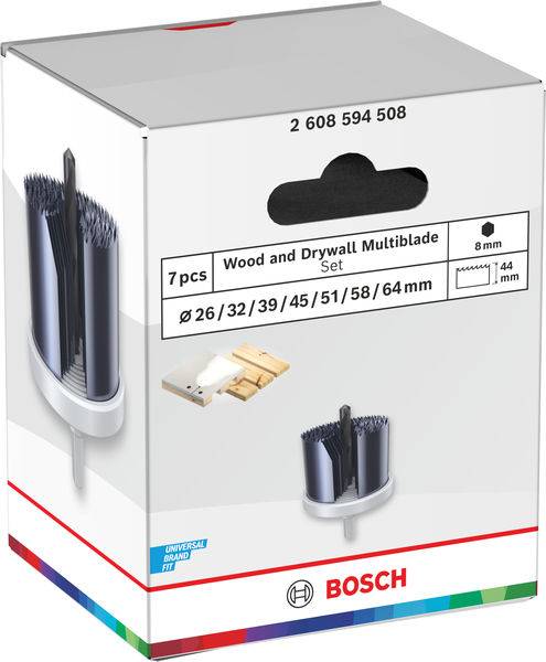 Verpackung für ein Bosch 7-teiliges Multiklingen-Set für Holz und Trockenbau. Enthält Größen Ø26 bis Ø64 mm mit Bildern der Bohrerkopf.