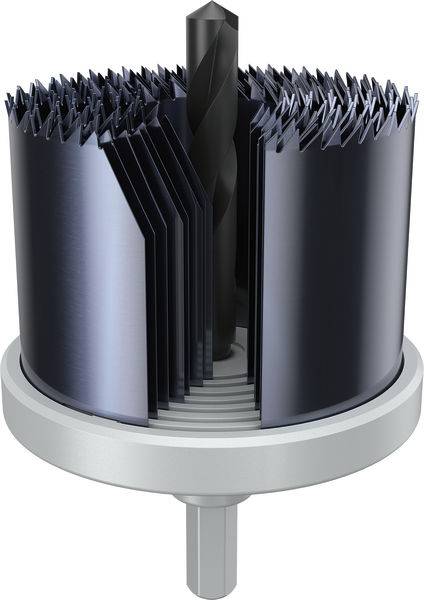 Ein Metall-Lochsäge-Bohrbit mit scharfen, kreisförmigen Blättern und einer zentralen Bohrführung, das zum Schneiden großer Löcher in verschiedenen Materialien verwendet wird.