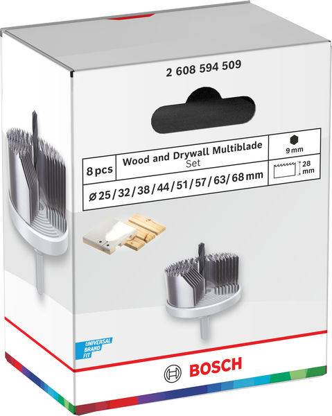 Bosch Holz- und Trockenbau-Multiblade-Set, 8-teilig, Größen 25-68 mm, 9 mm Schaft, Verpackung zeigt Produktabbildung und Markenlogo.