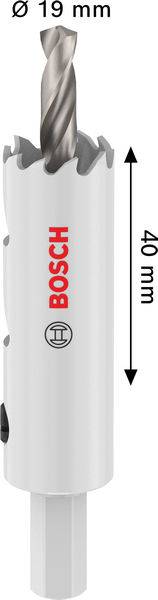 Eine weiße Bosch-Lochsäge mit einem Durchmesser von 19 mm und einer Länge von 40 mm, mit zylindrischem Körper und angefügtem Bohrer.