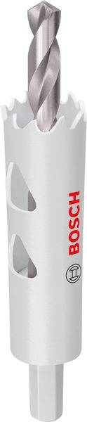 Ein weißes Bosch-Lochsägenset mit Metallbohrer wird gezeigt, das zum Herstellen präziser kreisförmiger Schnitte in verschiedenen Materialien verwendet wird.