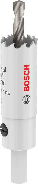 Ein Bosch-Lochsägen-Bohreraufsatz mit metallschneidender Klinge, zeigt einen weißen Körper, scharfe Zähne und einen zentralen Führungsbit für präzise Schnitte.